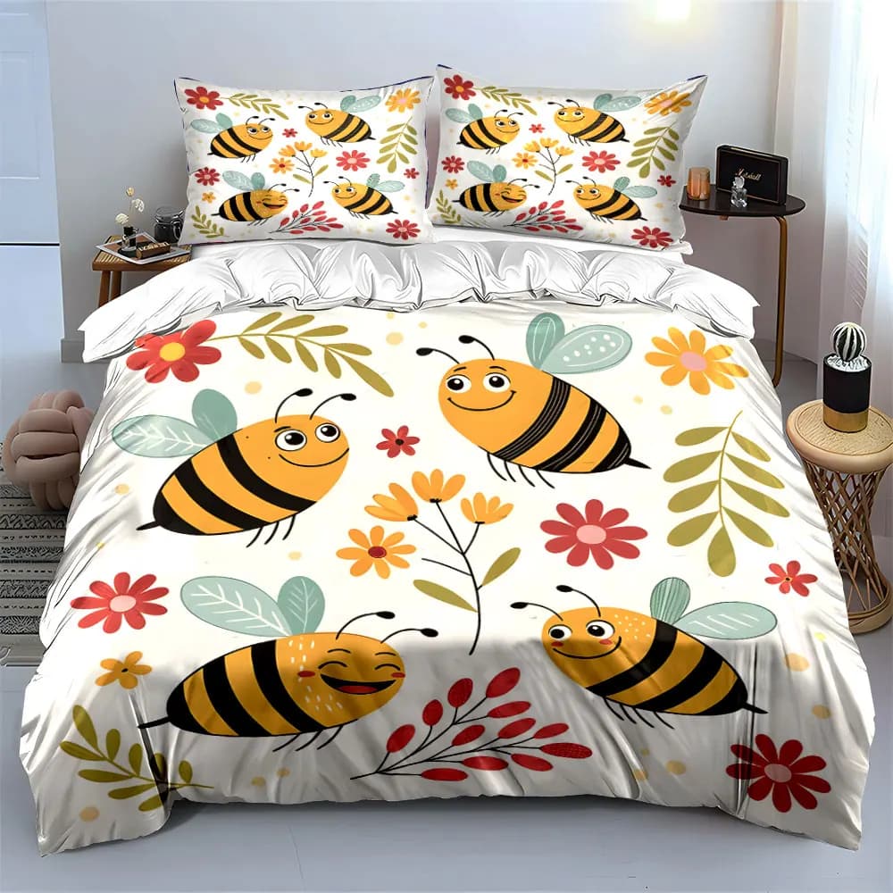 Cartoon bees and floral decor Printed Duvet Cover Set 1 Duvet Cover+2 Pillowcase Multi Size Bedroom Bedding Decoration