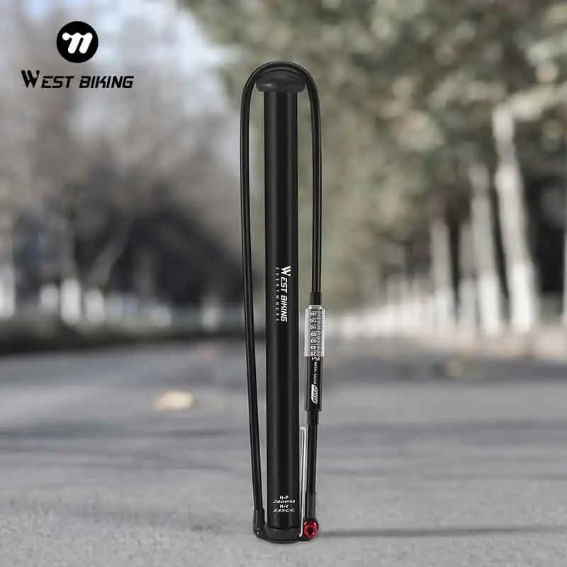 WEST BIKING Portable 260PSI High Pressure Floor Pump Aluminum Alloy Tire Inflator with Metal Gauge Extended Soft Hose Dual Valve