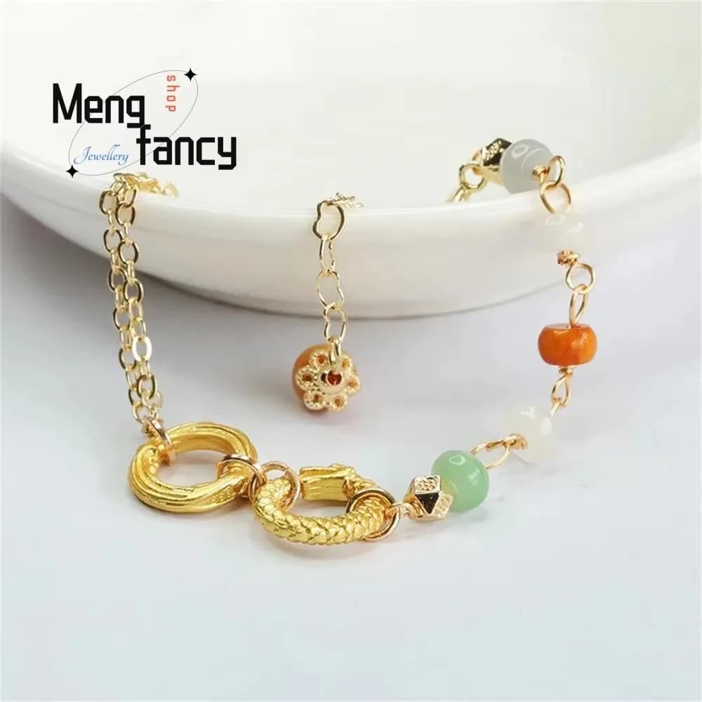 Natural Jadeite Dragon Phoenix Double Ring Tri-colour Abacus Bead Strand Bracelet Exquisite Elegant High-grade Fashion Jewelry