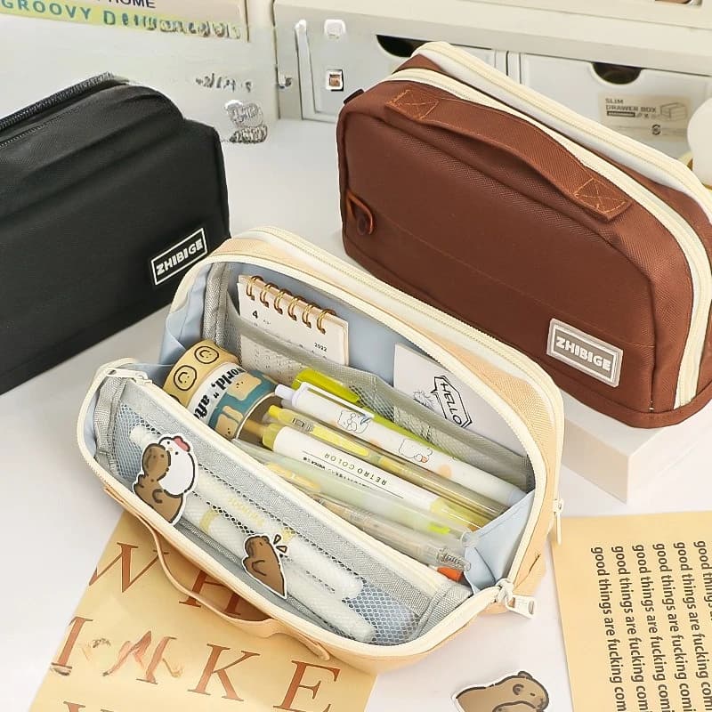 Large Capacity Canvas Pencil Case With Portable Handle Multi-layer Stationery Pouch Solid Color Student Pen Storage Bag