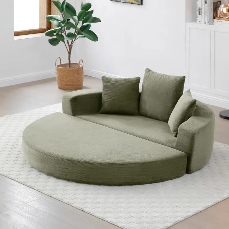 Olive Green Corduroy Round Sectional Sofa with Pillows Modern Curved Couch for Living Room Home Furniture