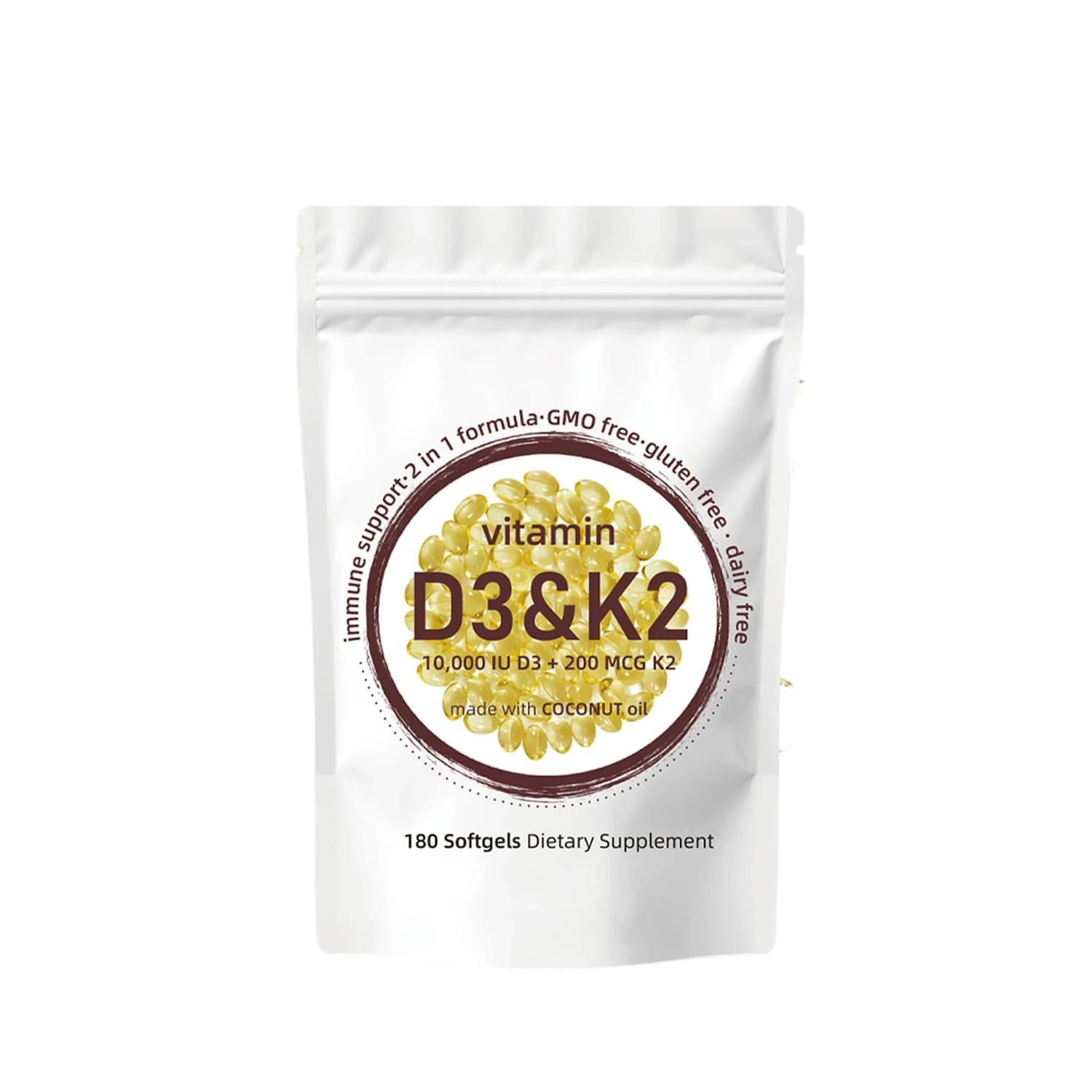 Vitamin D3&K2 Immune support 2 in 1 Formula GMO 180 Softgels Food supplement made with coconut oil