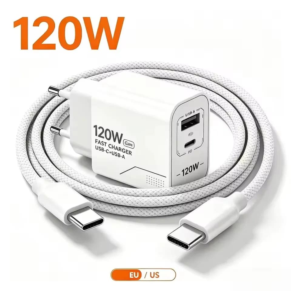 USB 120W GaN Charger 2-Port Fast Charging Charger Type C High Speed Charge Mobile Phone Wall Adapter For Phone EU/US Charger