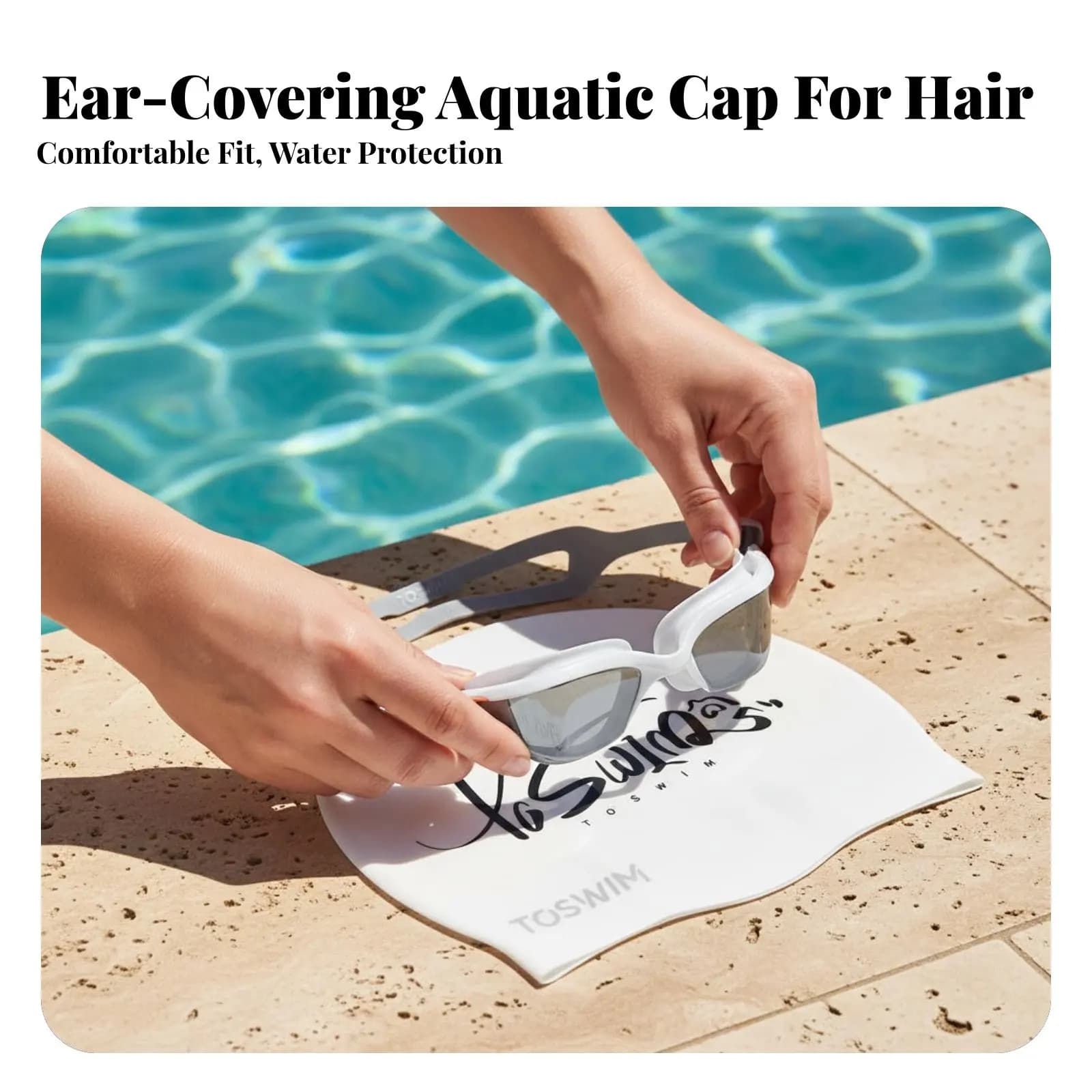 Swimming equipment set, anti-fog glasses, swim cap with ear covers, absorbent towel, swim bag, removable, for family, holidays, diving