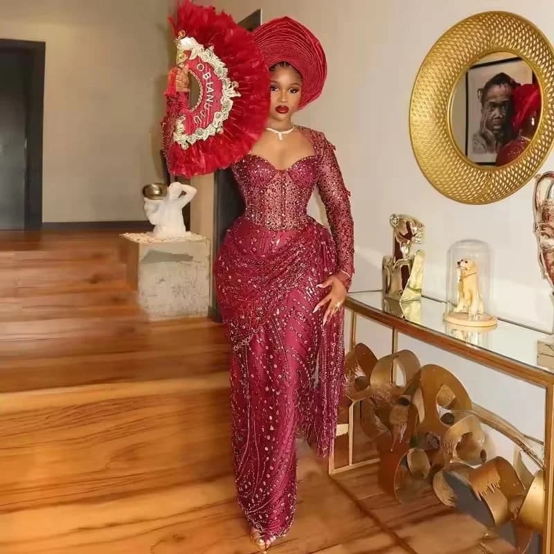 Burgundy Aso Ebi South African Evening Dresses Long Sleeves Lace Beaded Long Dubai Saudi Arabic Black Girls Gown Prom Customized