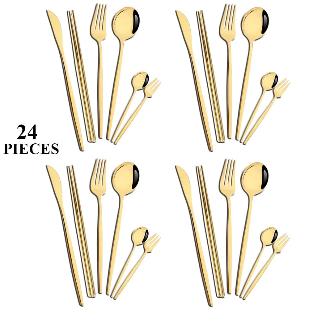 24 pieces set of crockery in gold cutlery stainless steel kitchen knife forchette spoon wands set of cutlery set of kitchen crockery for weddings