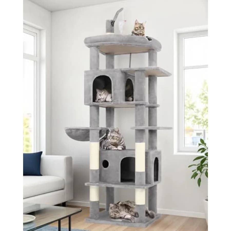 Grande Albero per Gatti da Interno con Tessuto in Sisal Grigio Chiaro, 2 Grotte Spaziose, Ampia Piattaforma Superiore, Grande Cesto Sospeso