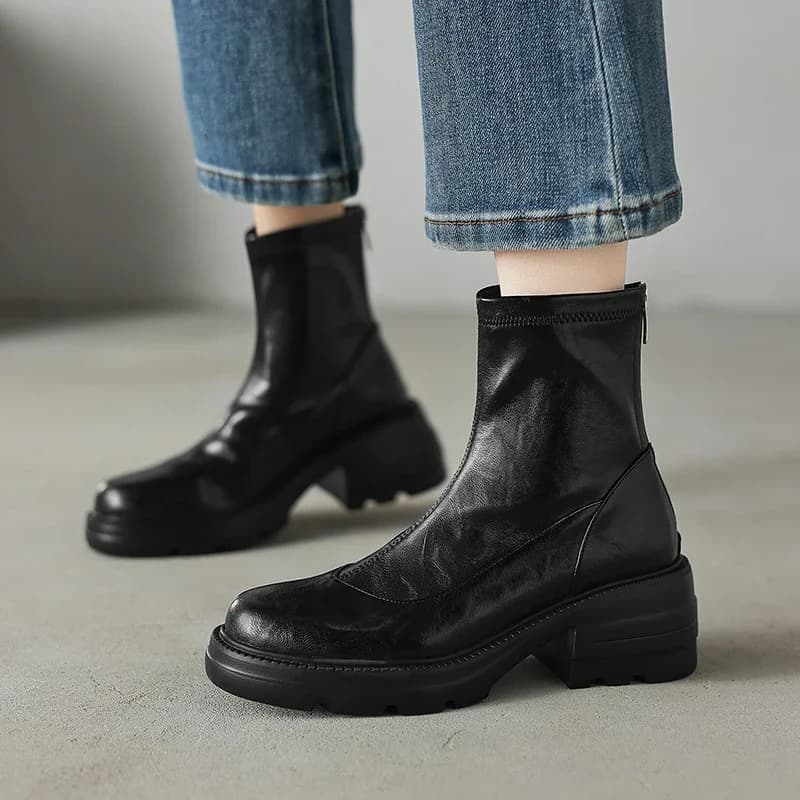 2026 new autumn winter women ankle boots natural leather 22-25cm cowhide+stretch microfiber thick heel back zip short boots