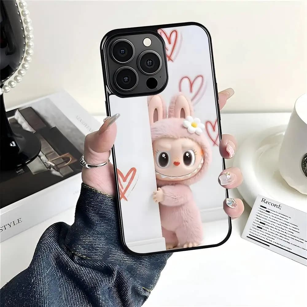 Cute labubu Phone Case for IPhone 17 Air 16 15 14 Pro Max Plus 13 12 11 Black Patch PC Hard Cover