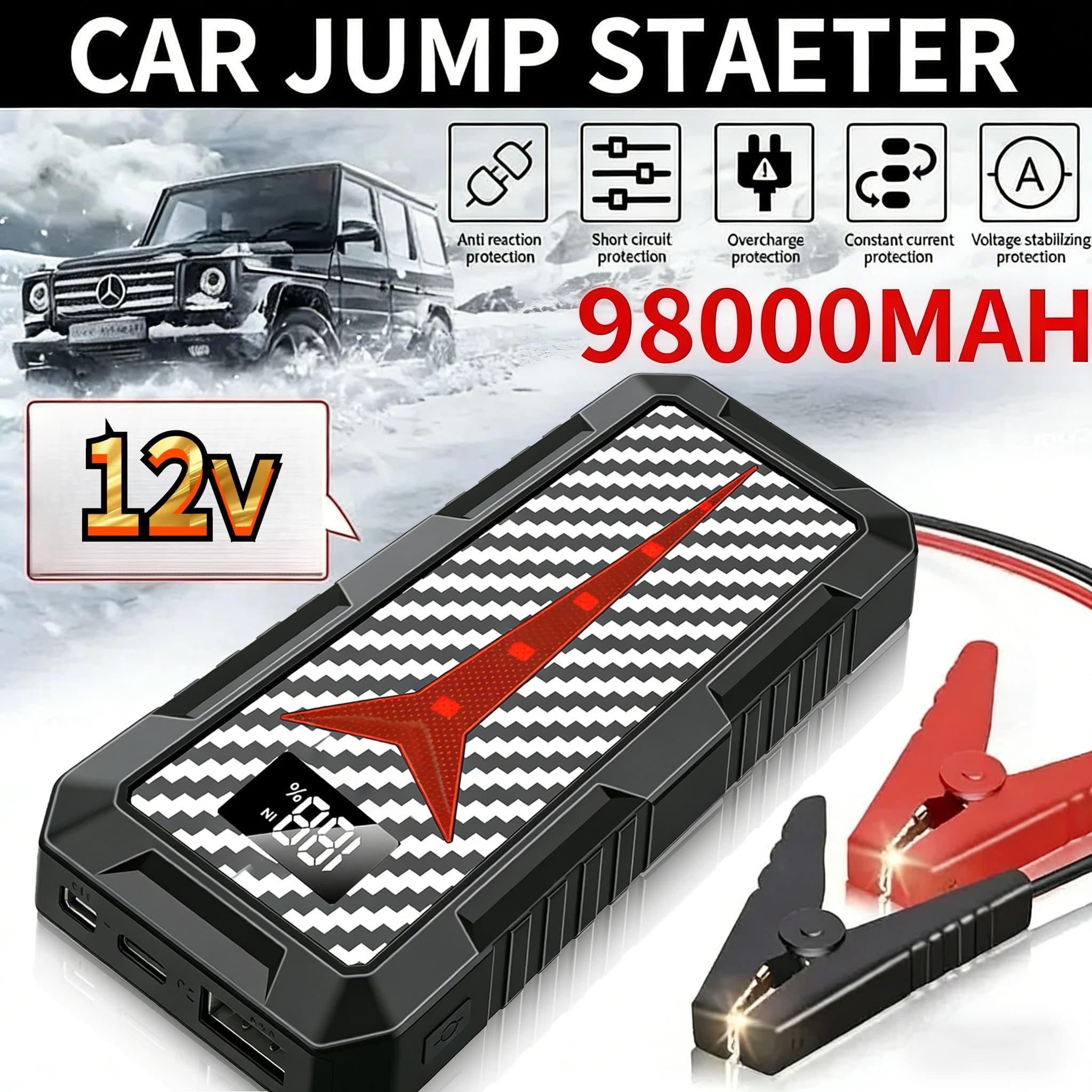 Avviatore di Emergenza Portatile 99800mAh, Power Bank Intelligente, Booster Batteria Auto 12V per Veicoli Benzina/Diesel con Luce LED e Ricarica Rapida