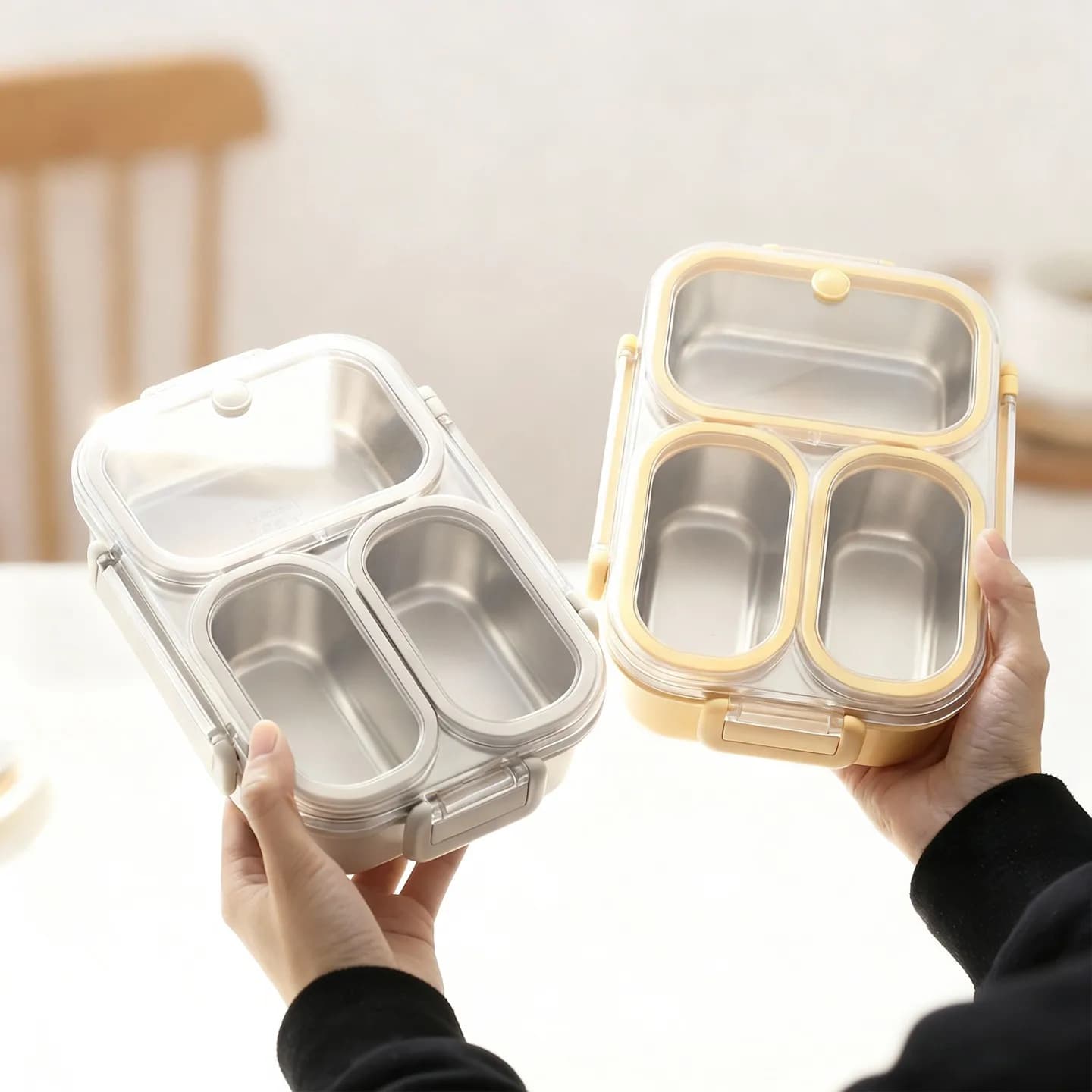 Contenitore Portatile per Pranzo con Manico, 3 Scomparti, Ermetico, in Acciaio Inox 304, per Bambini e Studenti, Adatto al Microonde