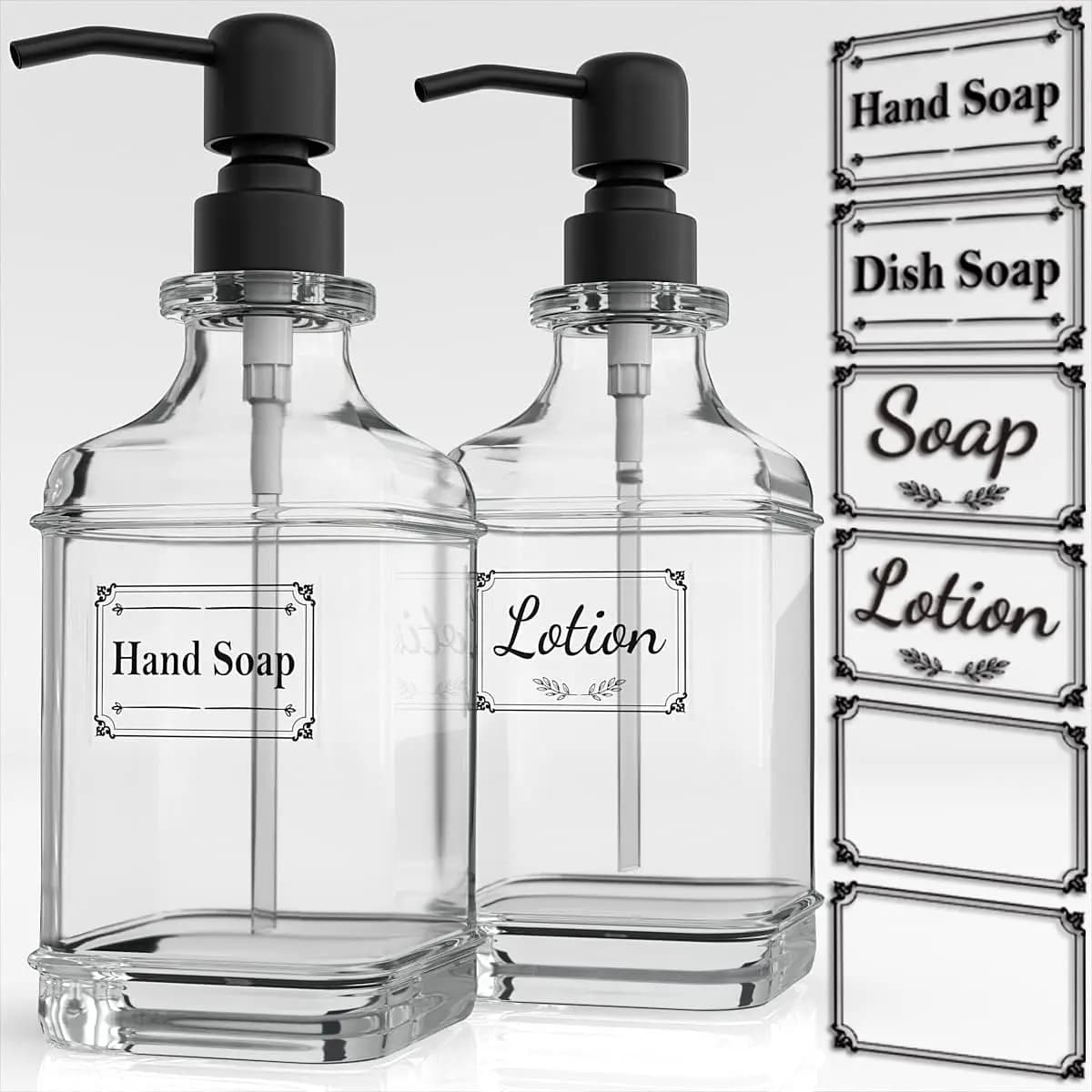 Set di 2 Dispenser di Sapone in Vetro Antico, 18 Oz con Pompa in Acciaio Inox e Adesivi per Cucina o Bagno - Nero