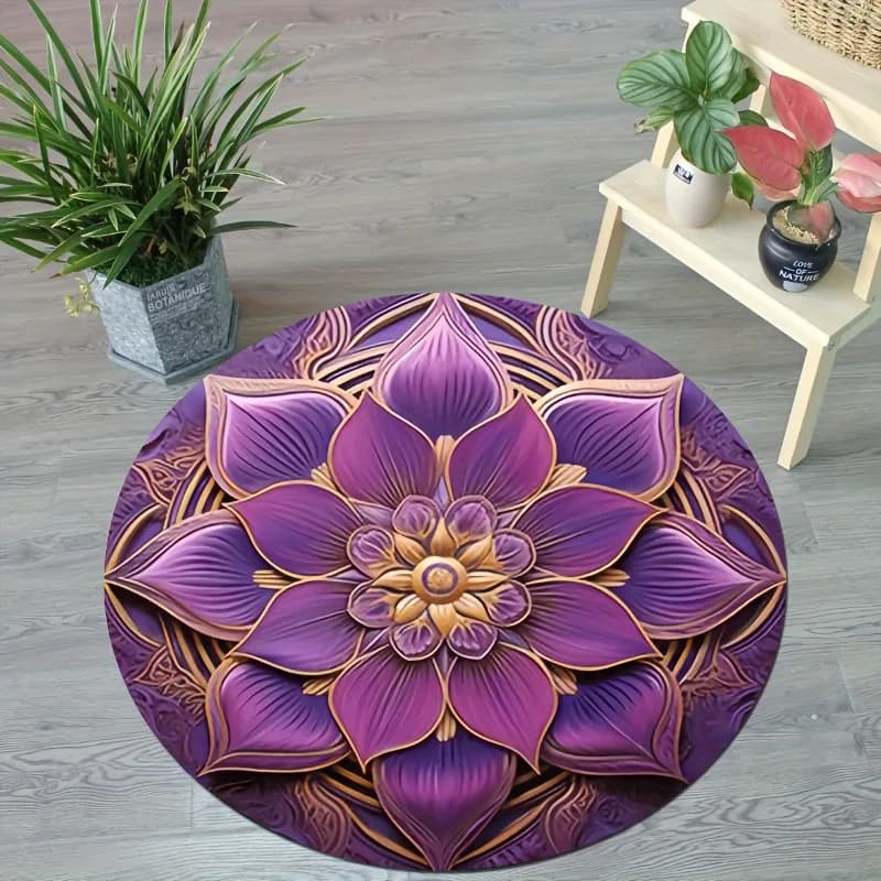 Un tappeto rotondo con una stampa floreale astratta di mandala viola, adatto per cuscini da meditazione, tappetini da yoga, ambienti interni.