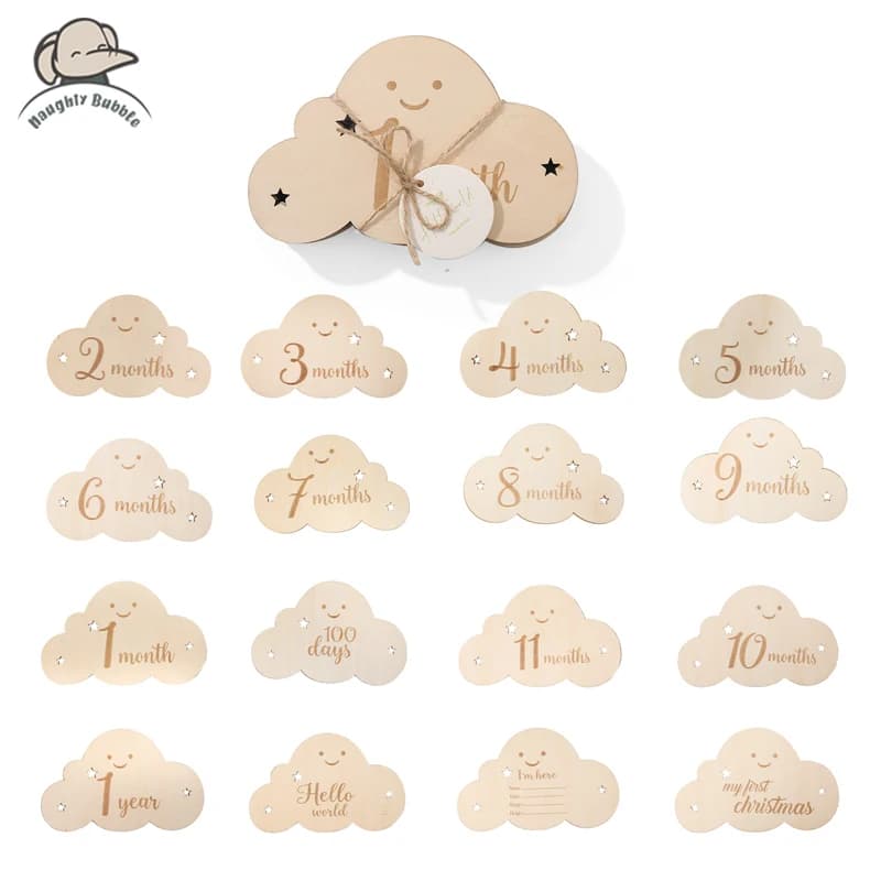 Baby Birth Wooden Cloud Milestone Commemorate Cards Toy Newborn Month Milestone Teether Baby Toddler Photography Accessories