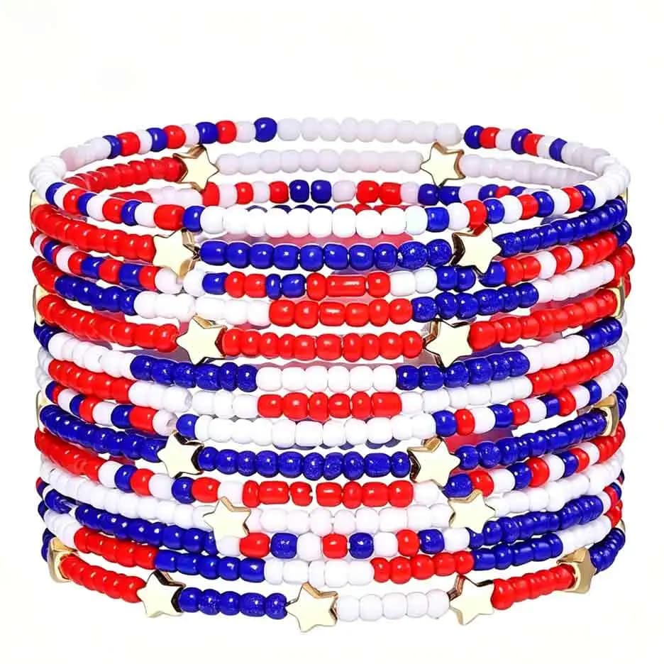 Red White Blue Beaded Stackable Bracelets for Women American Flag Star Charms Bracelet Set 4th of July Independence Day Party