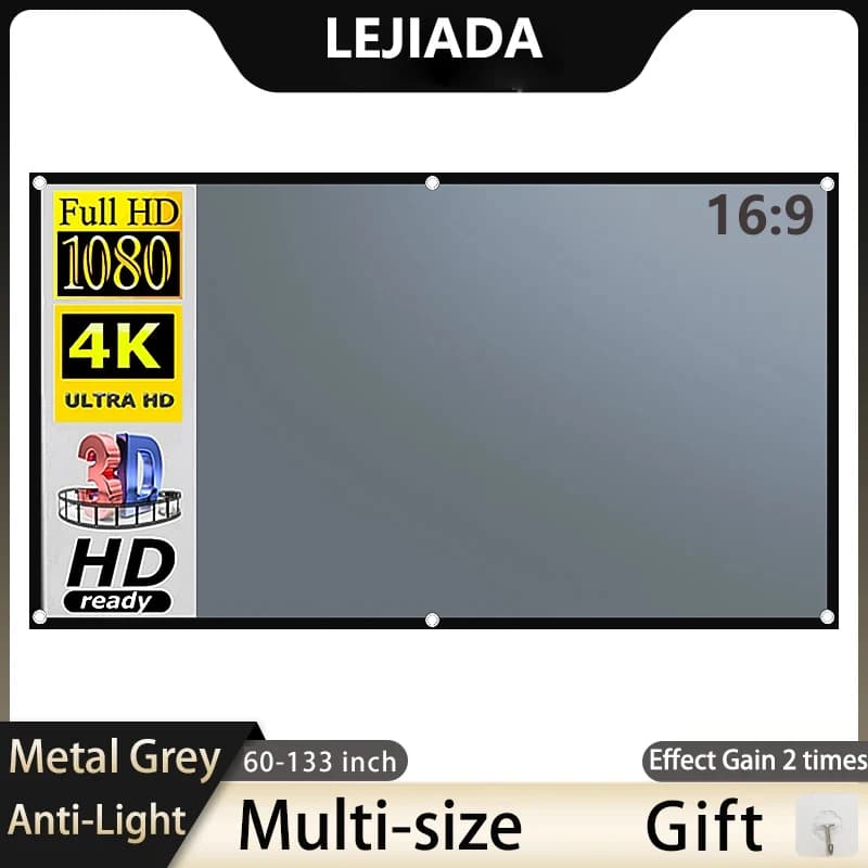 Schermo per proiettore LEJIADA 60-133 pollici metallo grigio anti-luce 16:9 bordo nero portatile con fori schermo per proiezione esterna domestica