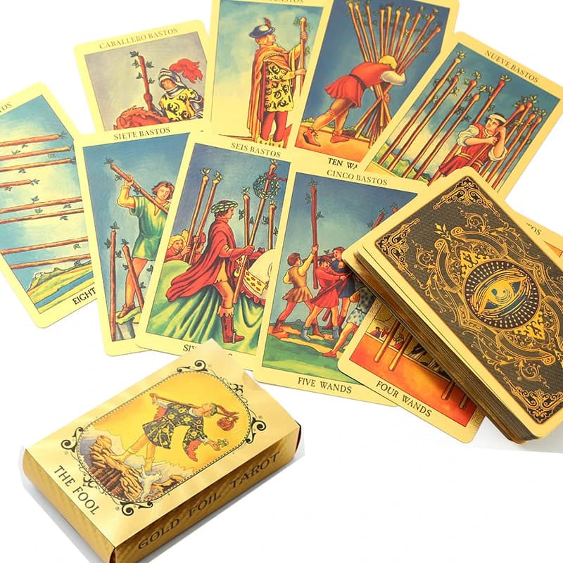 Carte dei Tarocchi in lamina d'oro spagnola e inglese 12x7 cm, mazzo di divinazione e profetia per principianti con guida bilingue Taro
