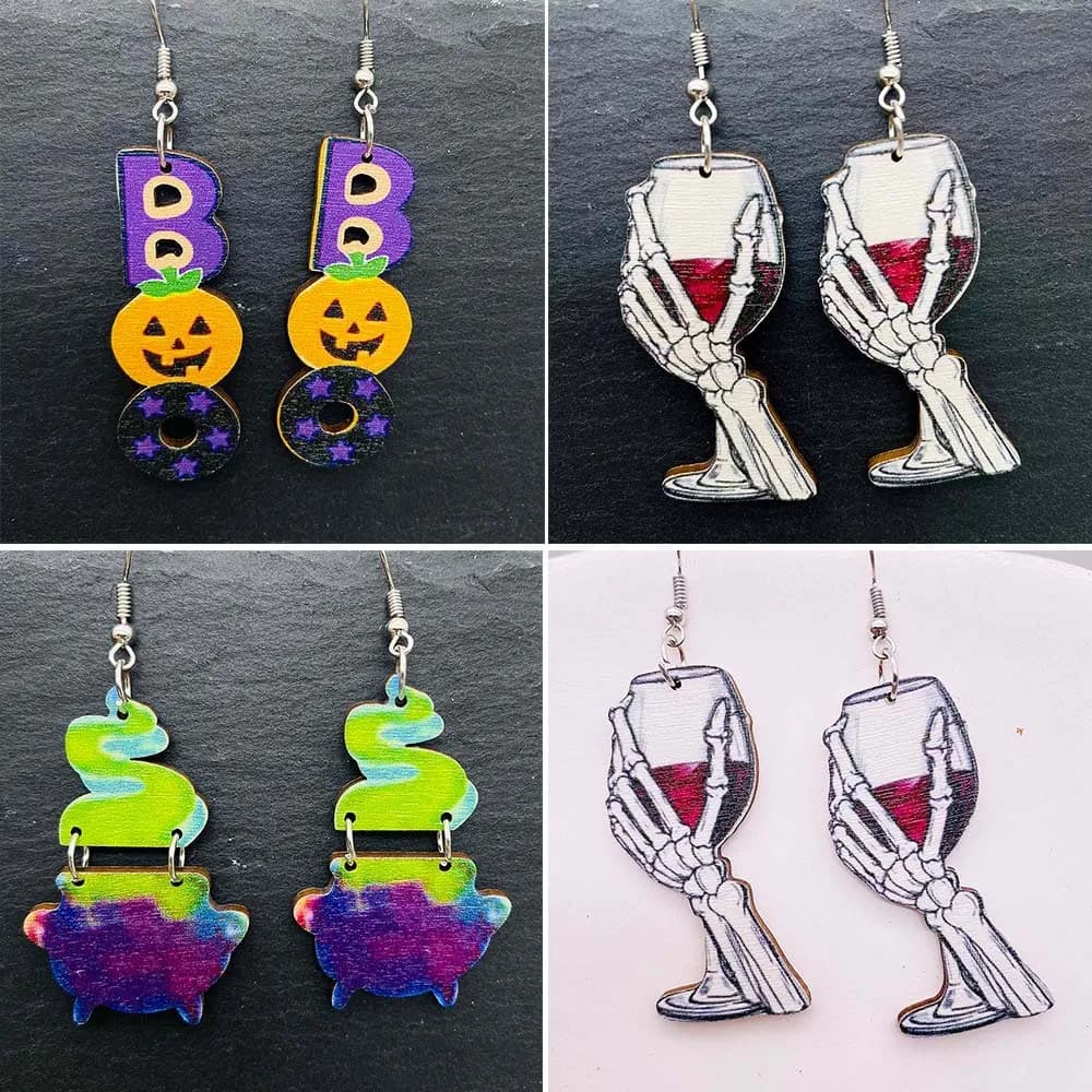 America Multi colorato scheletro in legno mano bicchiere da vino illusary Magic Witch poion orecchini UNISEX Halloween Hip-hop orecchini