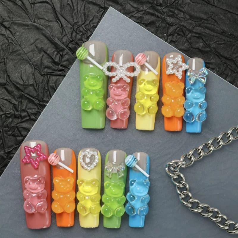 10 pezzi di spezie dolci fatte a mano stampa sulle unghie colorate squisite carine lunghe tubi dell'acqua unghie finte rimovibili riutilizzabili