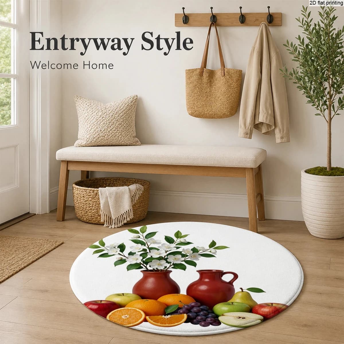 Round Small Carpet with Fruit and Floral Patterns, Entryway Floor Mat, Home Entrance Decorative Rug, Non-Slip Mat for Living Room and Bedroom, 2D Flat Printed Round Carpet, Home Entrance Decorative Mat, Bedroom Bedside Rug
