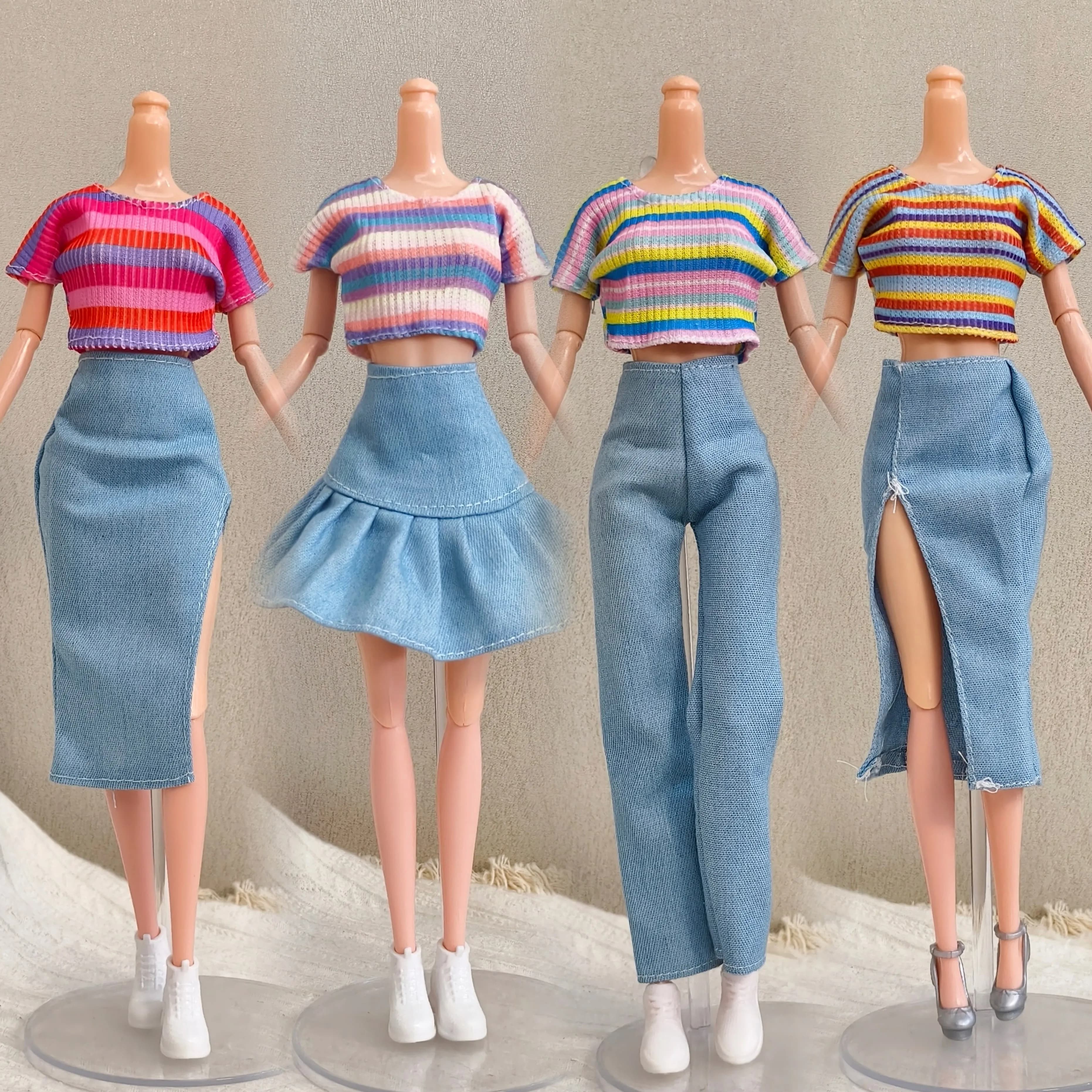 T-shirt a righe semplice e casual alla moda + pantaloni in denim + gonna a pieghe + set di scarpe per accessori per vestiti per bambole FR Babi Supermodel 1/6