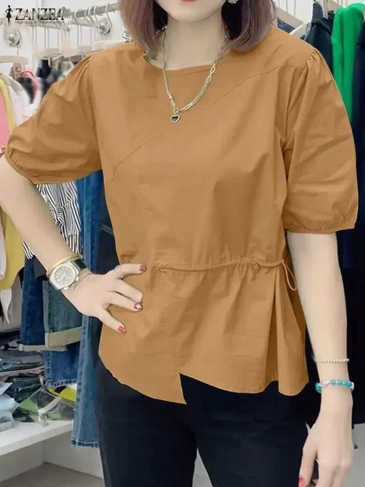 ZANZEA Camicetta da donna Moda Raccogliere Vita Tunica Top 2025 Estate Manica corta Camicie solide Coreano Casual Allentato Blusas Abbigliamento