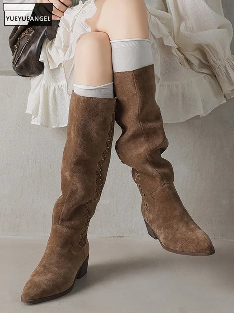 Winter Women Pointed Toe Real Cow Suede Leather Mid Heel Knee High Boots Elegant Ladies High Top Knight Boots Biker Riding Shoes