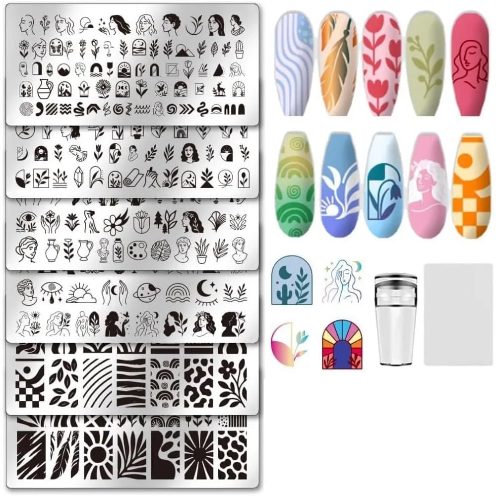 6Pcs Nail Stamp Plates Set Abstract Lady Face Nail Stamping Plate Boho Plant Stamp Templates Image Nail Stencils Nail Art