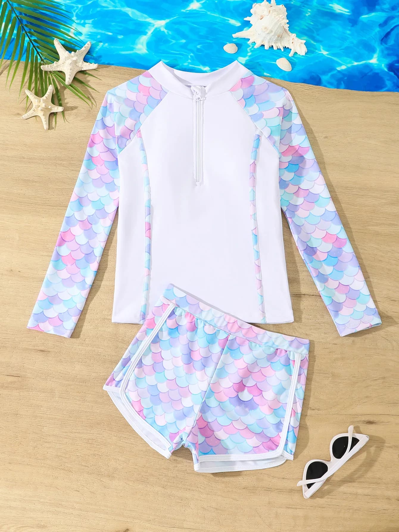Costume da bagno per bambine 2025: Maglietta Rash Guard a maniche lunghe rosa, pantaloncini da spiaggia ad asciugatura rapida per bambini, abbigliamento estivo da bagno