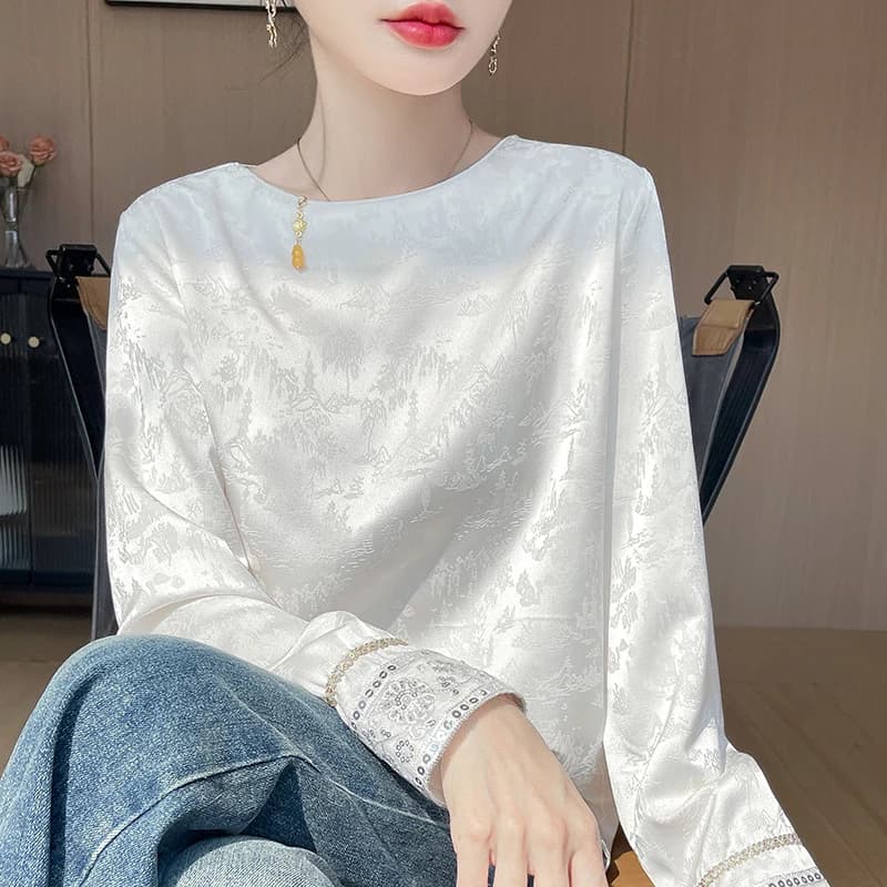 Elegante Camicia in Raso con Collo Rotondo, Blusa Casual da Donna, Nuovo Stile Cinese con Ricamo Floreale Semplice, Primavera Autunno