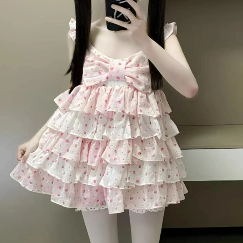 Abito stile dolce Lolita giapponese da donna con fiocco carino rosa stampa fragola senza maniche abiti da torta ragazze Kawaii Y2k mini abito da festa