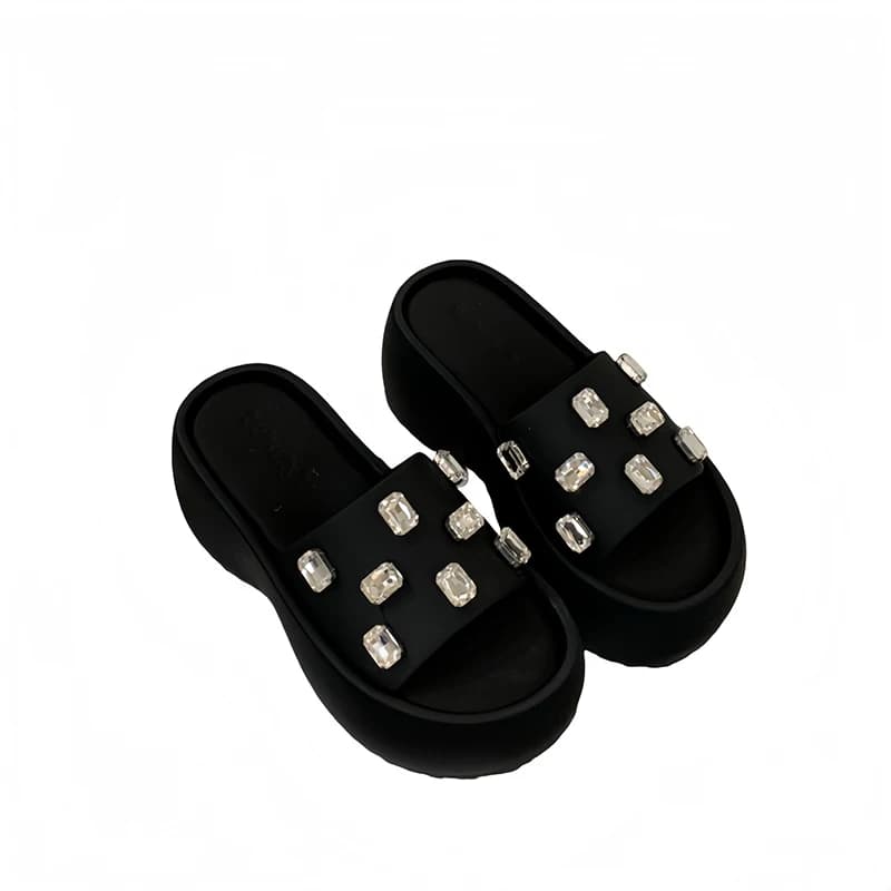 8cm Wedges Heels Sandals Summer Ladies Platform Slippers Black Lycra Chunky Shoes Rhinestones Woman Sandals 2026 Trend