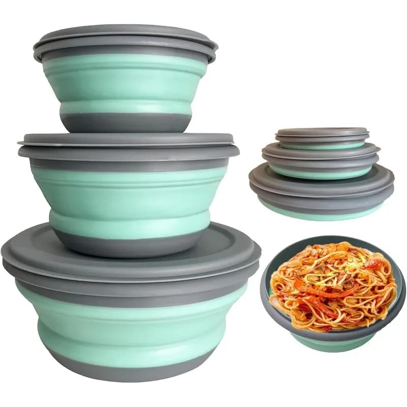 3 pz/set Scatola Da Pranzo Pieghevole In Silicone Con Coperchio Portatile Picnic Campeggio Ciotola Set Da Tavola Da Cucina Kit Pieghevole Insalata di Frutta Ciotola