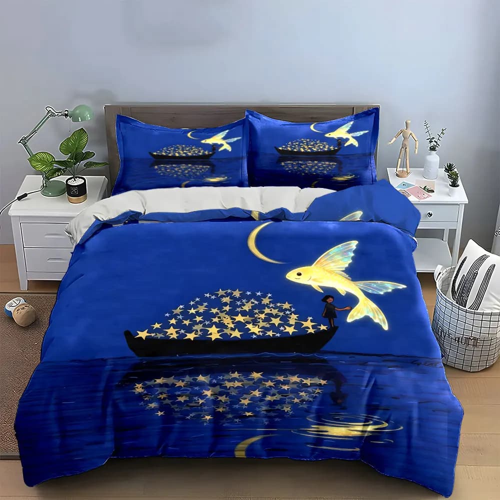 Set Decorativo Notte Stellata, Morbido e Confortevole Set Copripiumino con 1 Copripiumino e 2 Federe, Regalo