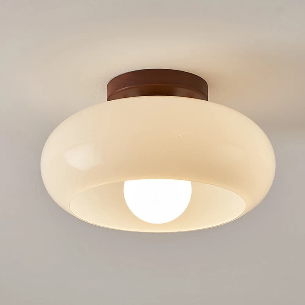 Plafoniera dimmerabile a 3 colori con paralume in vetro color crema, lampada da soffitto a LED vintage con base in legno per camera da letto, corridoio, sala da pranzo