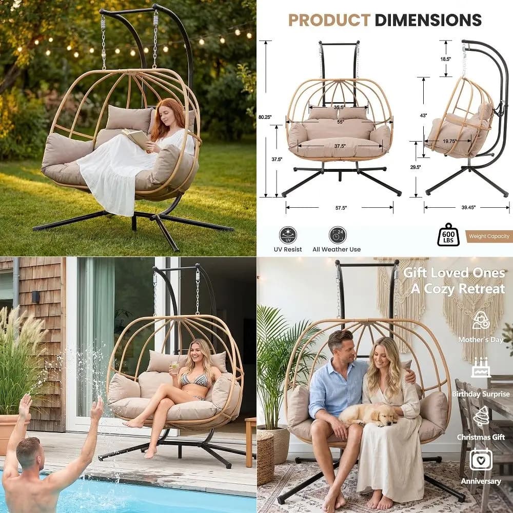 UNION Double Egg Chair with Stand, 2 Person Hanging Rattan Wicker Swing for Indoor Outdoor Use, Hanging Loveseat with Cushion a