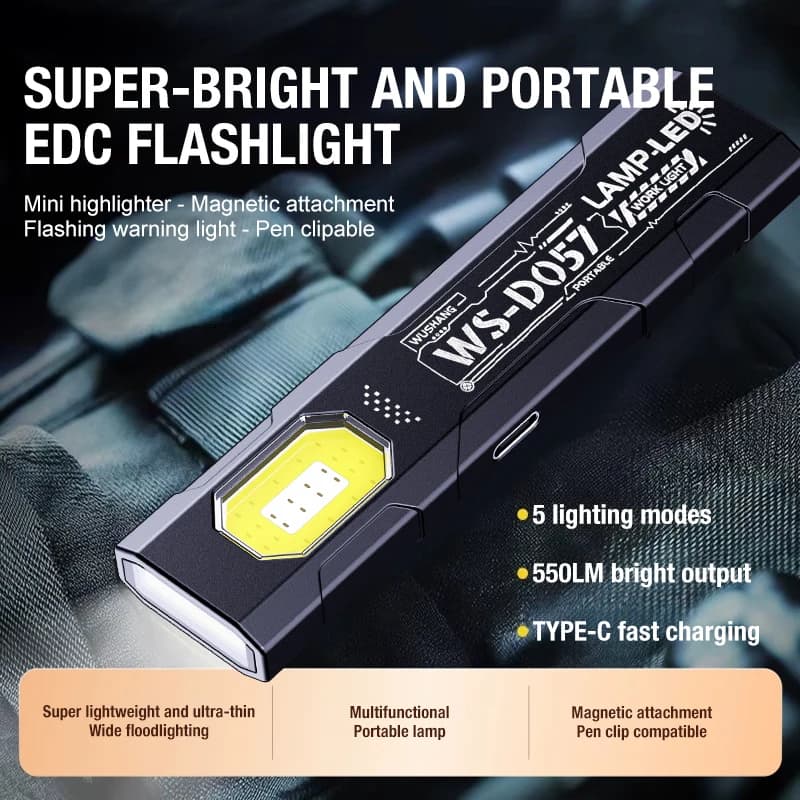 LED COB Flashlight Type C Rechargeable 600LM Portable Mini Torch Pocket Lantern Flood Work Light With Magnet For Emergency