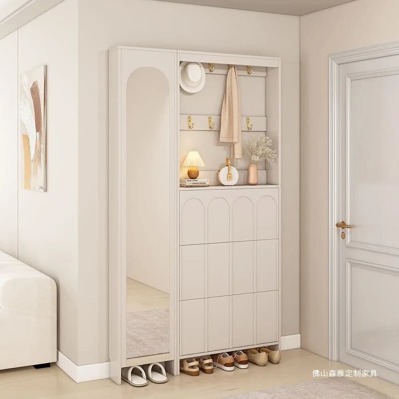 Cream style shoe cabinet hanger integrated ultra-thin door full-length mirror tipping bucket 17 household clothes and hats foyer