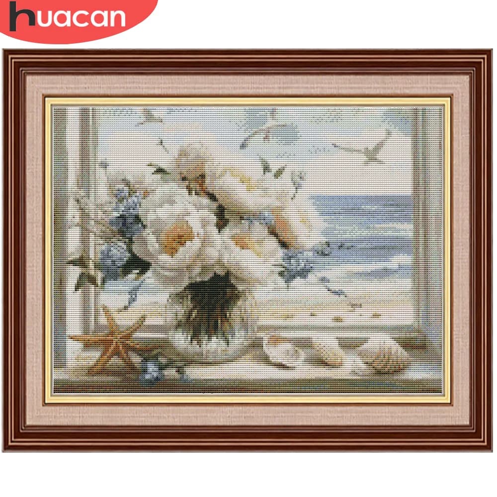 HUACAN Seaside Cross Point Embroidery Poppy Flower Landscape 11CT Needlework Printed Canvas DMC Thread Handmade