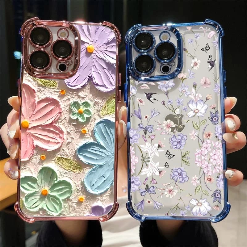 Korean Oil Painting Flower Plating Phone Case For iPhone 17 11 13 14 16 15 Pro Max 14 Plus 12 Mini 17 Air 16E Shockproof Casing