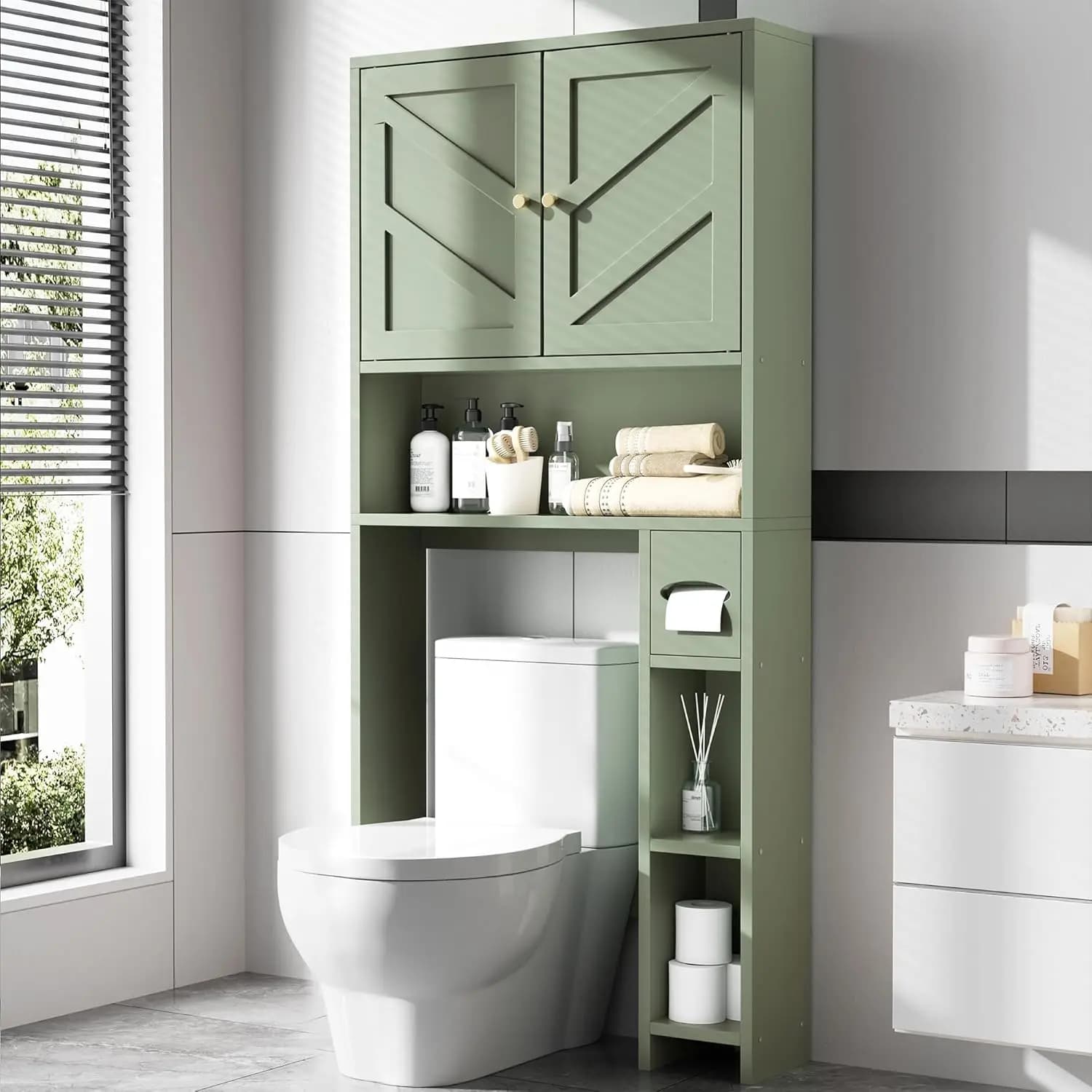 Mobiletto Salvaspazio da Bagno da 166 cm (65.4 pollici) da Posizionare Sopra il WC, Organizzatore da Bagno Largo 74 cm (29.1 pollici) con Porta Carta Igienica e Ripiano Regolabile, Autoportante, Salvaspazio, Verde