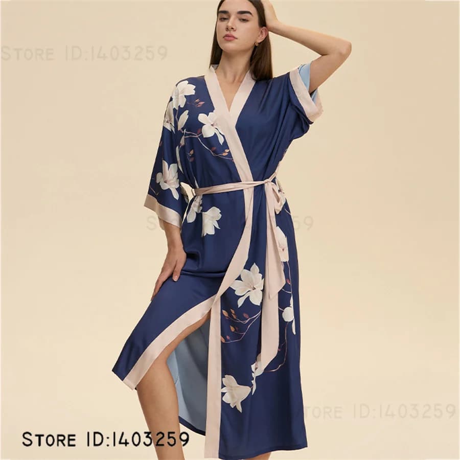 Abito lungo femminile oversize Camicia da notte Pigiama Stampa Fiore Kimono Abito Accappatoio Indumenti da notte Allentato Casual Rayon Abito da casa Pigiama