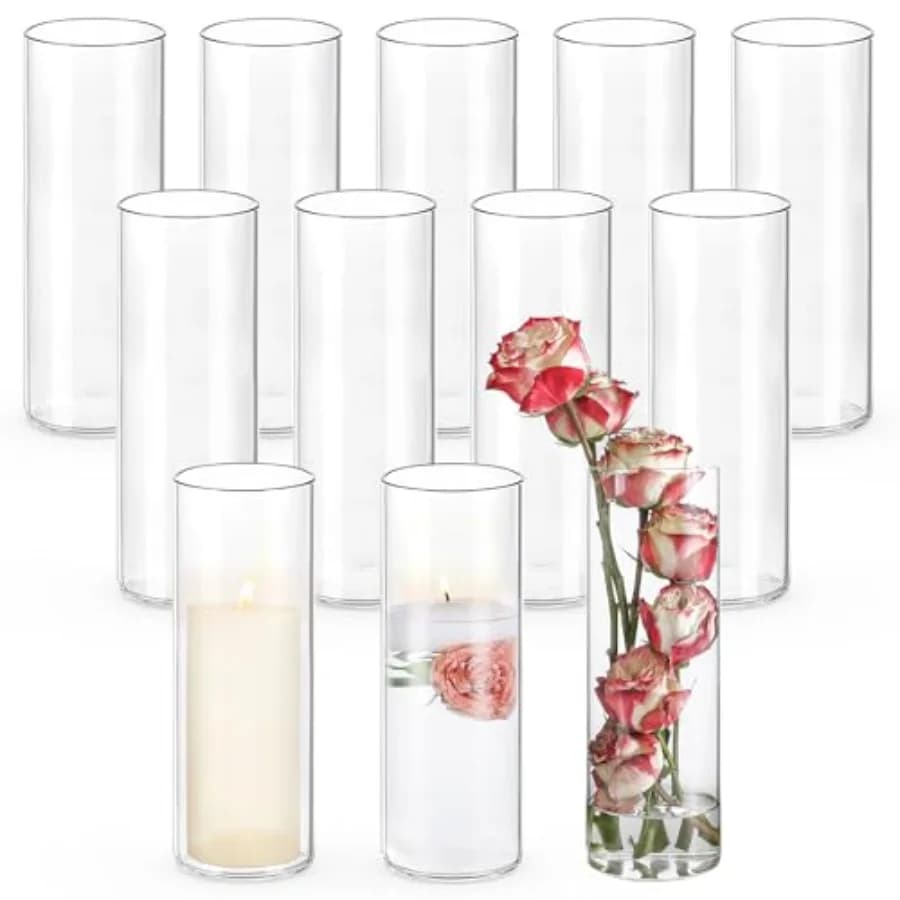 Set di 12 Vasi Cilindrici in Vetro per Centrotavola Matrimoniali, Alti 25 cm, Trasparenti, per Fiori e Portacandele Galleggianti