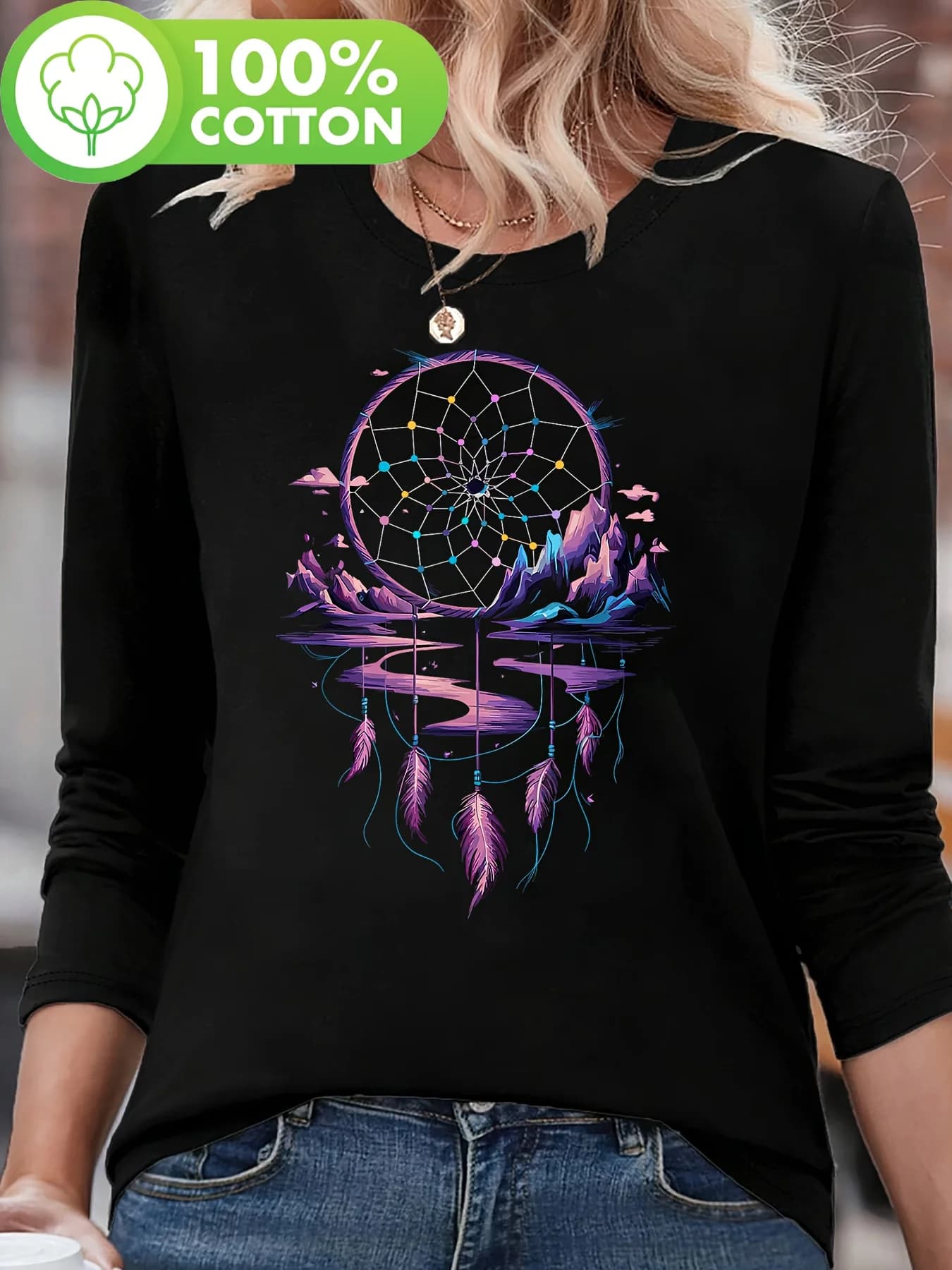 Women'S 100% Cotton Long Sleeve Gothic Dream Catcher Print T-Shirt Design Crew Neck Casual Top for Winter Fall Casual T Shirt