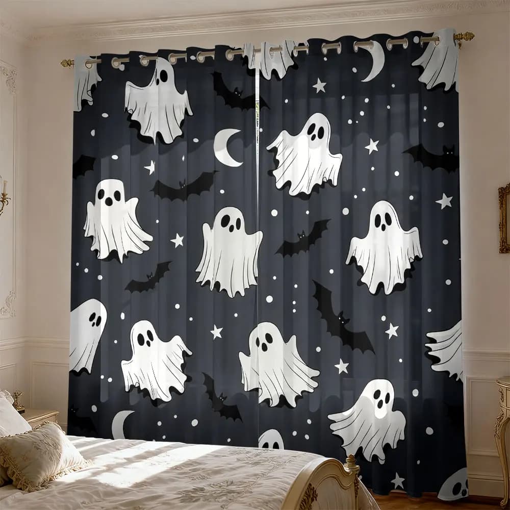 2pcs Ghost Bat Star and Moon Printed Curtains for Blocking Light in Bedrooms, a Fashionable Home Decoration Item