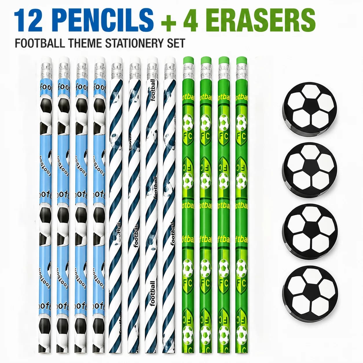 16pcs football themed pencil & eraser set, great for parties, back-to-school and classroom rewards.