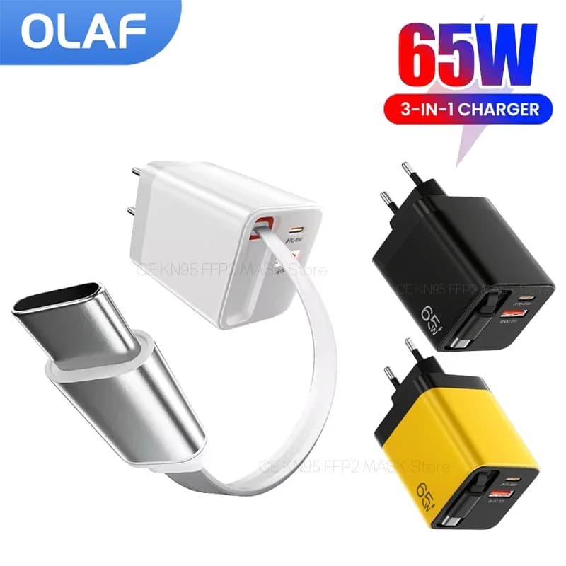 Caricabatterie rapido USB tipo C da 65 W con cavo USB C retrattile PD ricarica rapida per iPhone 16 15 caricabatterie per telefono portatile iPad tipo C