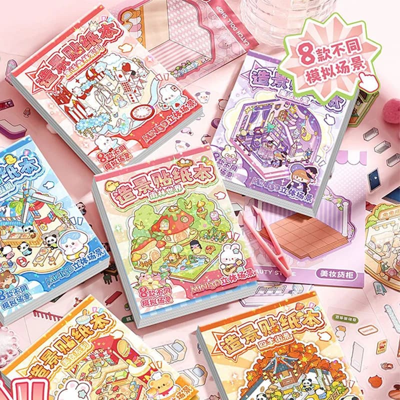 3D Diorama Sticker Book Set 8 Different Miniature Scenes Book Cute Cartoon Room & Food Patterns for DIY Journaling Scrapbooking