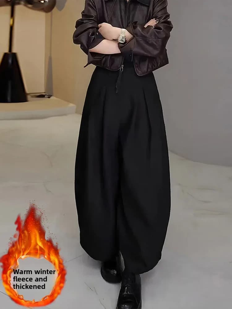 Black Fleece Lined Thickened Wide Leg Pants Women's Autumn Winter Loose Concealing Slimming Design Casual Trousers