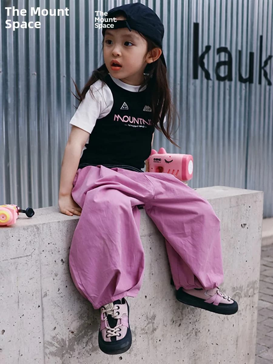 Outdoor Girls' Two-Piece Set Summer New Style Mountain Series T-Shirt Pants Combo for Kids Ages 3-16 Breathable Lightweight